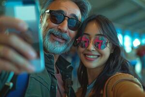 A man and woman taking a selfie with their cell phones photo