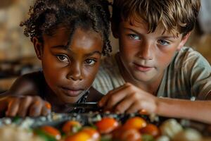 Two children are looking at a plate of vegetables photo