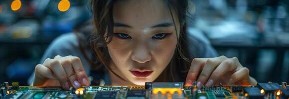 A woman is looking at a circuit board photo
