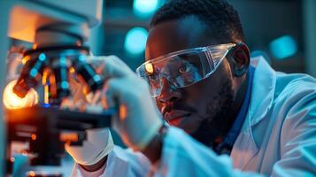 A man in a lab coat looking through a microscope photo