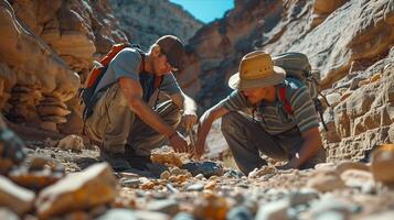 Two men with backpacks and hats are digging in the dirt photo