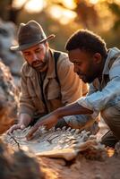 Two men in hats looking at a fossilized animal photo