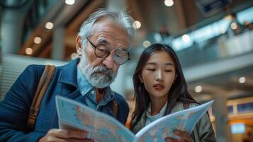 An older man and young woman looking at a map photo