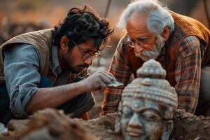 Two men working on a statue in the dirt photo