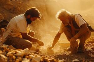 Two men are digging in the dirt photo