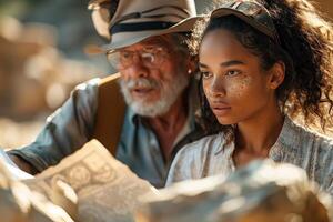 An older man and woman looking at a map photo