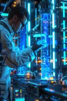 A man in a lab coat is working on a machine photo