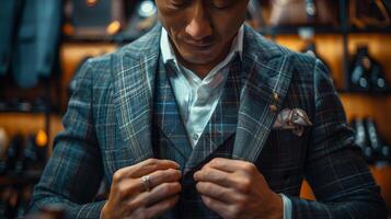 A man in a suit is adjusting his tie photo