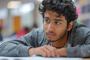 A young man with curly hair sitting at a desk photo