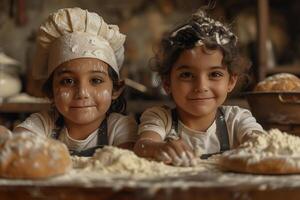 Two young girls in chef hats are smiling while making bread photo