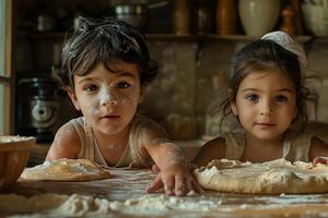 Two children are making dough in a kitchen photo
