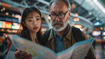 An older man and young woman looking at a map photo