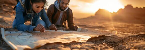 Two people looking at a map on the ground photo