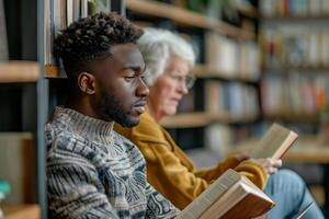 A man and woman sitting on a bench in a library photo
