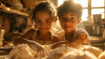 Two children are making dough in a kitchen photo