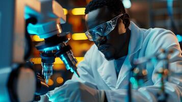 A man in a lab coat is looking at a microscope photo