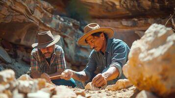 Two men in cowboy hats digging in the dirt photo