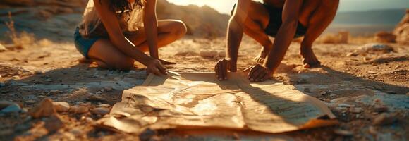Two people sitting on the ground with a map photo