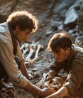 Two men are working on a skeleton in the dirt photo