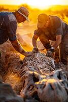 Two men working on a dead animal in the desert photo