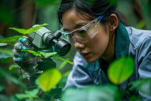 A woman in a lab coat looking through a microscope photo
