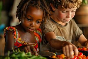 Two children are preparing vegetables in a pan photo