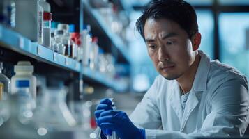 A man in a lab coat is working on something photo