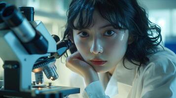 A woman in a lab coat looking at a microscope photo