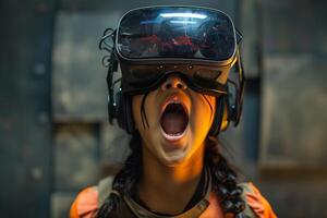 A woman wearing a headset with her mouth open photo