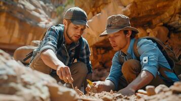 Two men in hats and backpacks looking at something photo