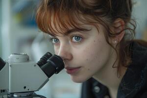 A young woman looking through a microscope photo