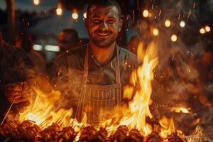 A man is cooking on a grill with fire photo