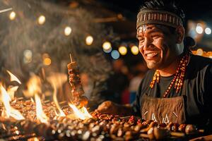 A man is cooking food on a grill photo