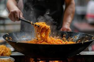 A person stirring food in a wok photo