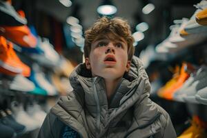 A boy looking up at a shelf of shoes photo