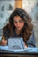 A girl is writing on a piece of paper while looking at a tablet photo