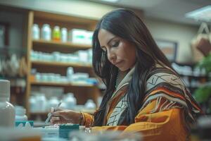 A woman is writing on a piece of paper in a pharmacy photo