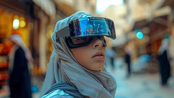 A woman wearing a headscarf and holding a virtual reality headset photo