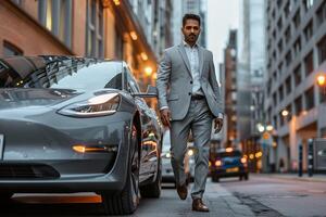 A man in a suit standing next to a tesla model 3 photo