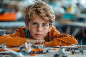 A young boy is sitting in front of a table with toy planes photo