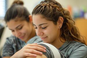 Two young women sitting in a classroom with their arms around each other photo
