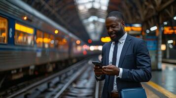 A man in a suit and tie standing in front of a train photo