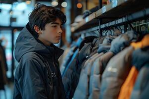A young man in a coat looking at jackets photo