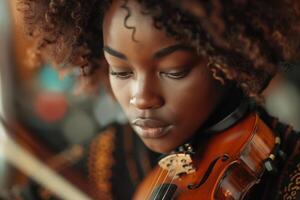 A woman with curly hair playing the violin photo