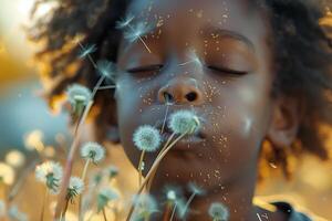 A young boy blowing on a dandelion photo