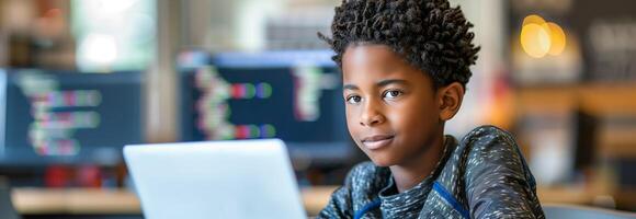 A young boy is sitting in front of a laptop photo