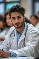 A male doctor in a white coat sitting at a table photo
