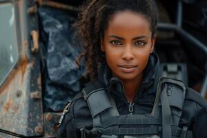 A woman in a military uniform standing next to a vehicle photo