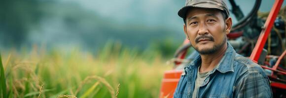 A man in a blue shirt and hat standing in a field photo