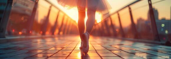 A woman in a white dress is walking on a bridge at sunset photo